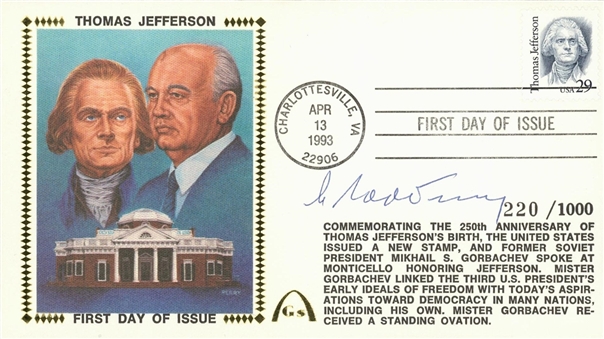 1993 Mikhail Gorbachev Autographed Thomas Jefferson First Day of Issue Silk Cachet LE 220/1000 (COA)